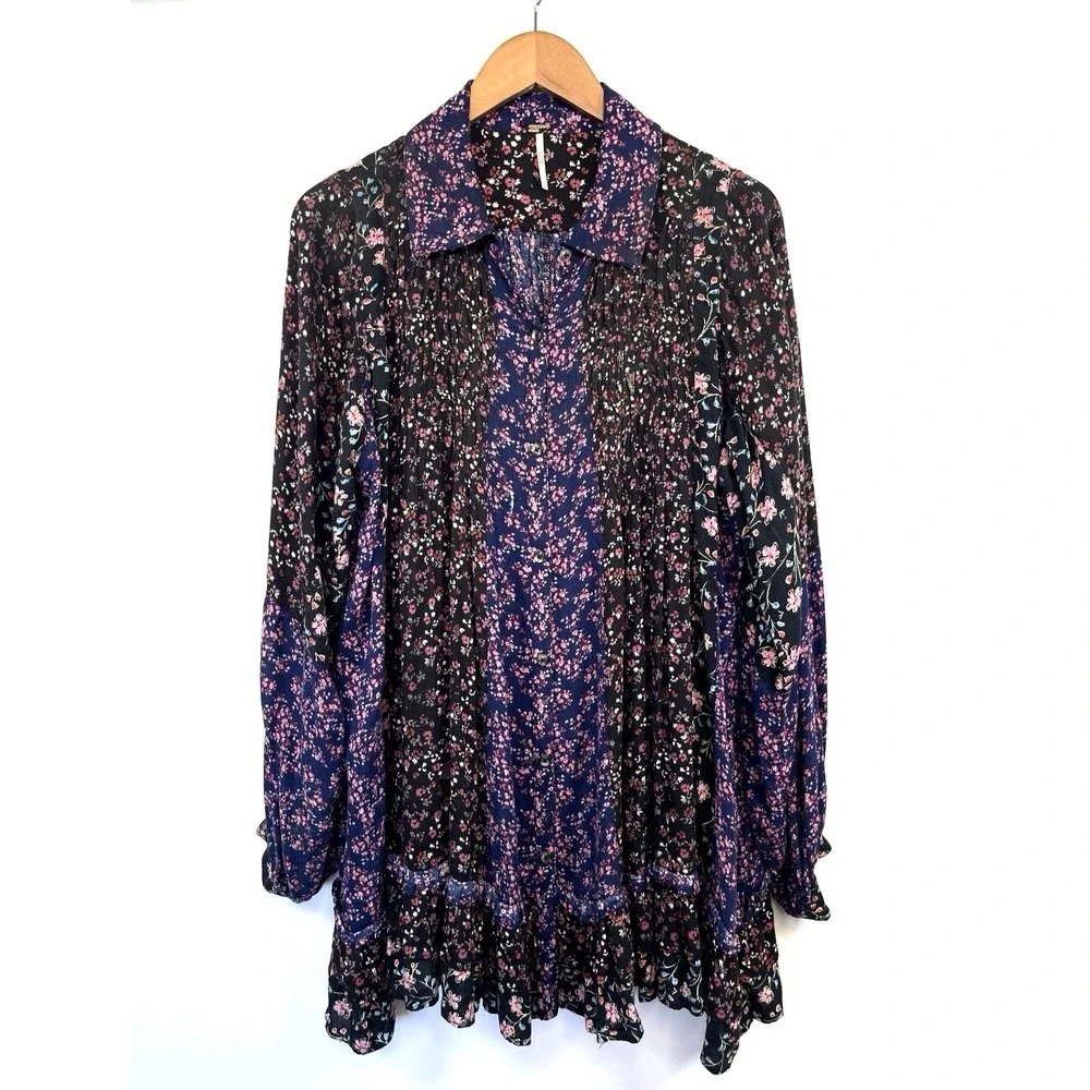 Free People Lost In You Floral Printed Tunic Mini Dress Sz S Purple Boho Cottage